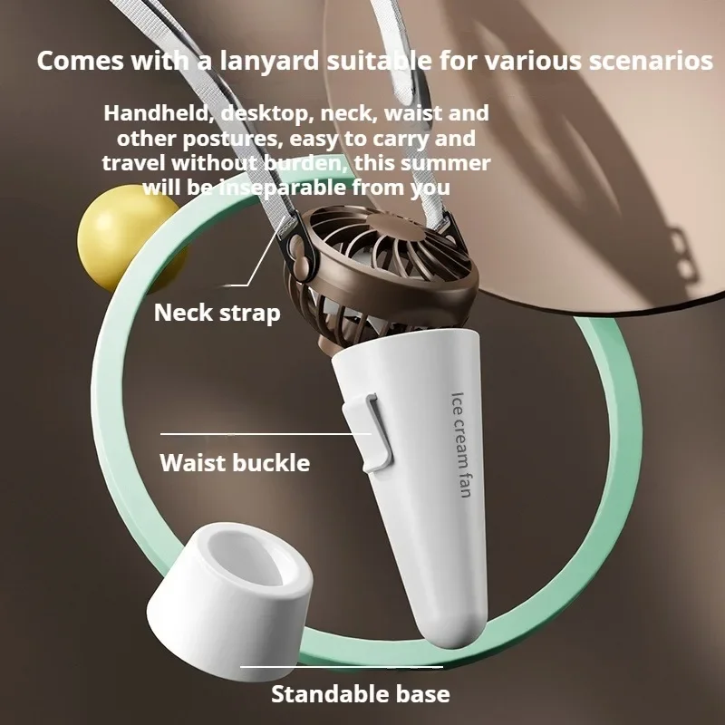 Ice Cream Handheld Fan USB Charging Cute Hanging Neck Fans Stand-alone Strong Wind Mini Shake Head Fan Traveling Children Gift