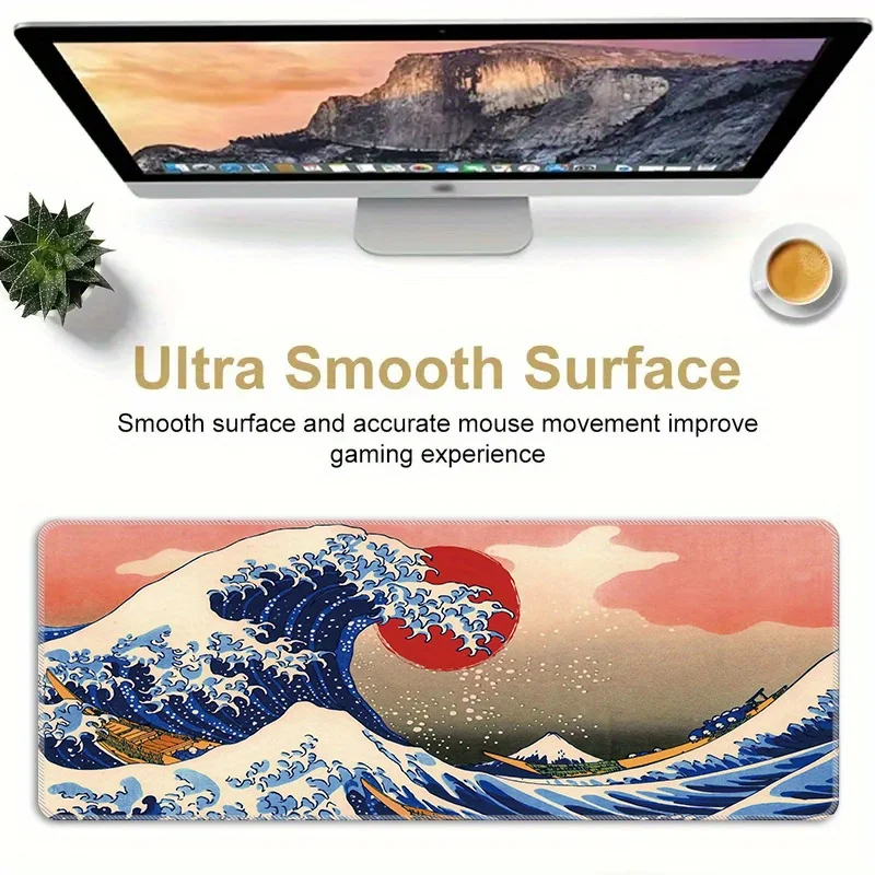 

Japanese Great Wave Mouse Pad Extra Large Desk Mat Rubber Base Stitched Edges Gaming Mat