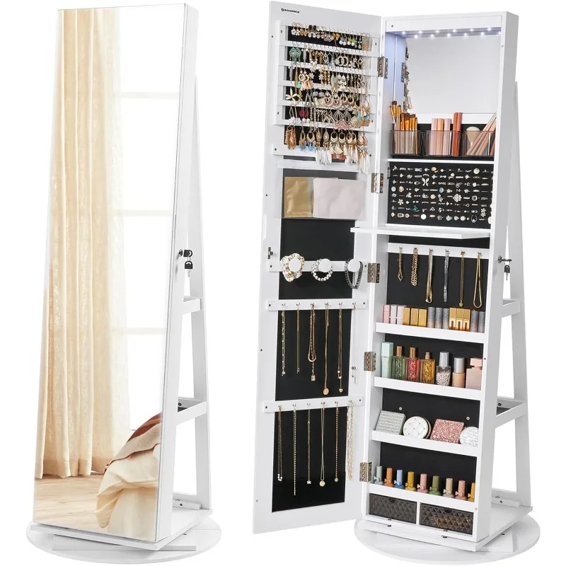 

6 LEDs Lockable Mirror Jewelry Cabinet, 360° Swivel Jewelry Organizer Armoire Standing, Frameless Full-Length Mirror, 3