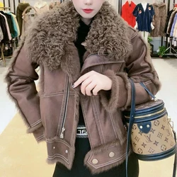 New Womens Real Lamb Fur Collar Coat New Winter Solid New Suede Short Jackets  IL00644