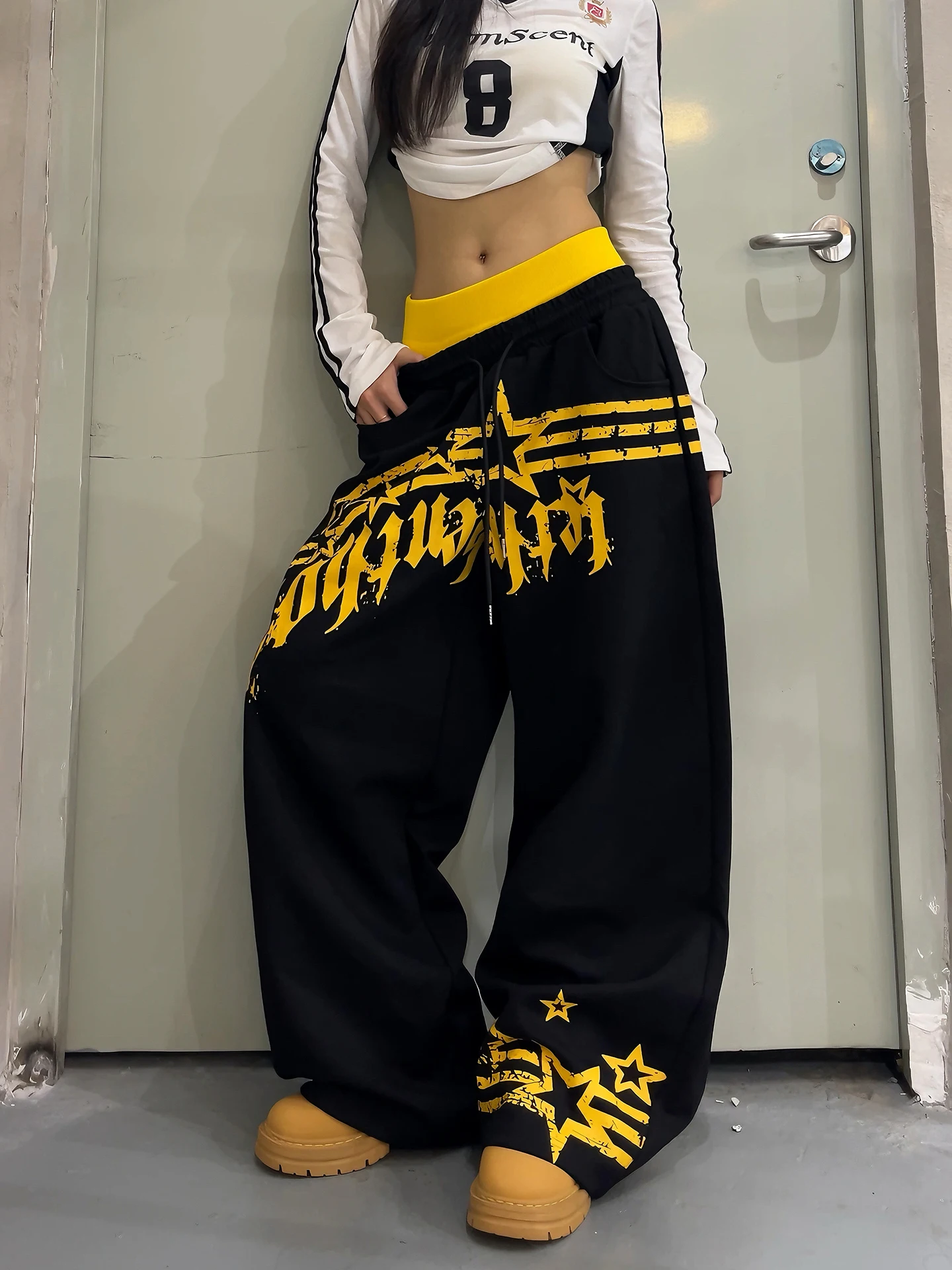 American Street Sport Color Block Wide Leg Pants Women Loose Floor Length Fake Two Piece Street Dance Casual Trousers