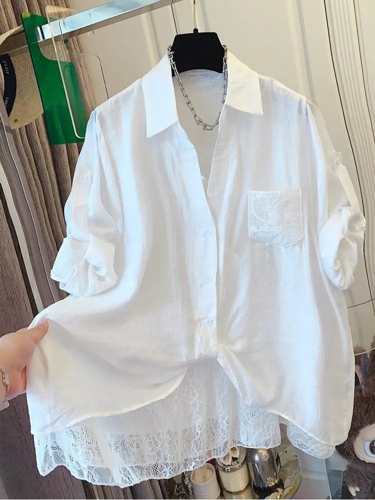 

SuperAen French Style Beautiful White Lace Patchwork Long-sleeved Shirts Loose Lightweight 2026 Summer New Shirts
