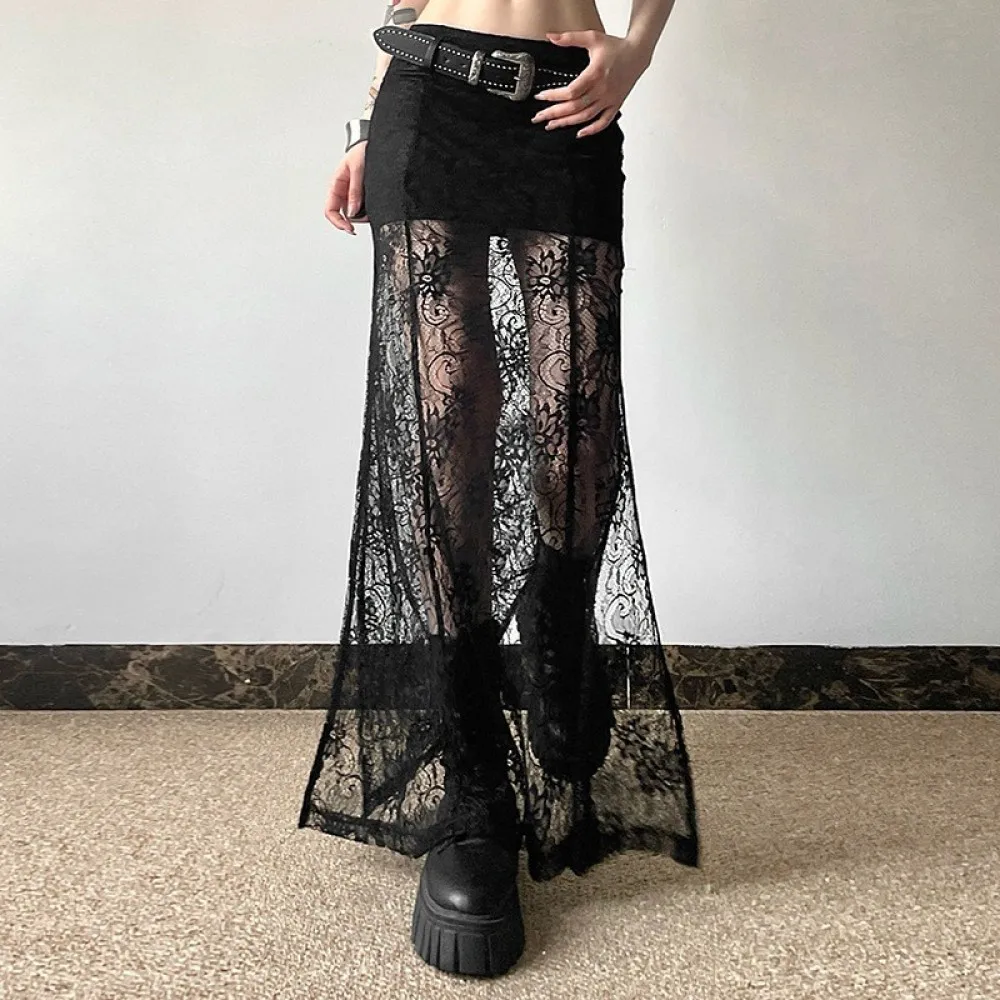 SylCue Lace Patchwork Long Skirts Woman Elastic High Waist Side Splits Hem Hot Girls Midnight Club Party Sexy Fashion Bottoms