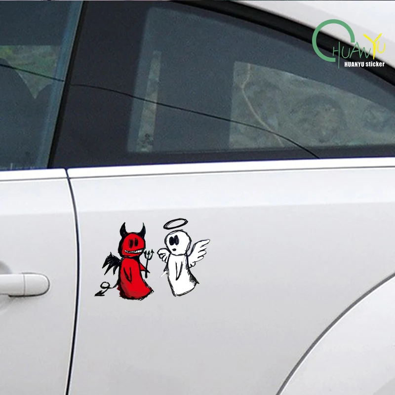 Hollow car stickers with angel and demon hand drawn style cartoon car motorcycle electric vehicle waterproof stickers