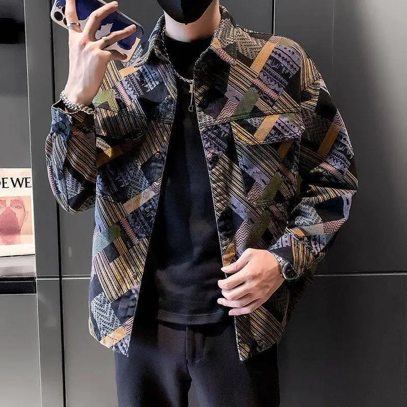 

Casual Denim Jacket Men's Spring Autumn Flip Collar Cool Handsome Style Thin PU Fabric Cleanfit Design Regular Length