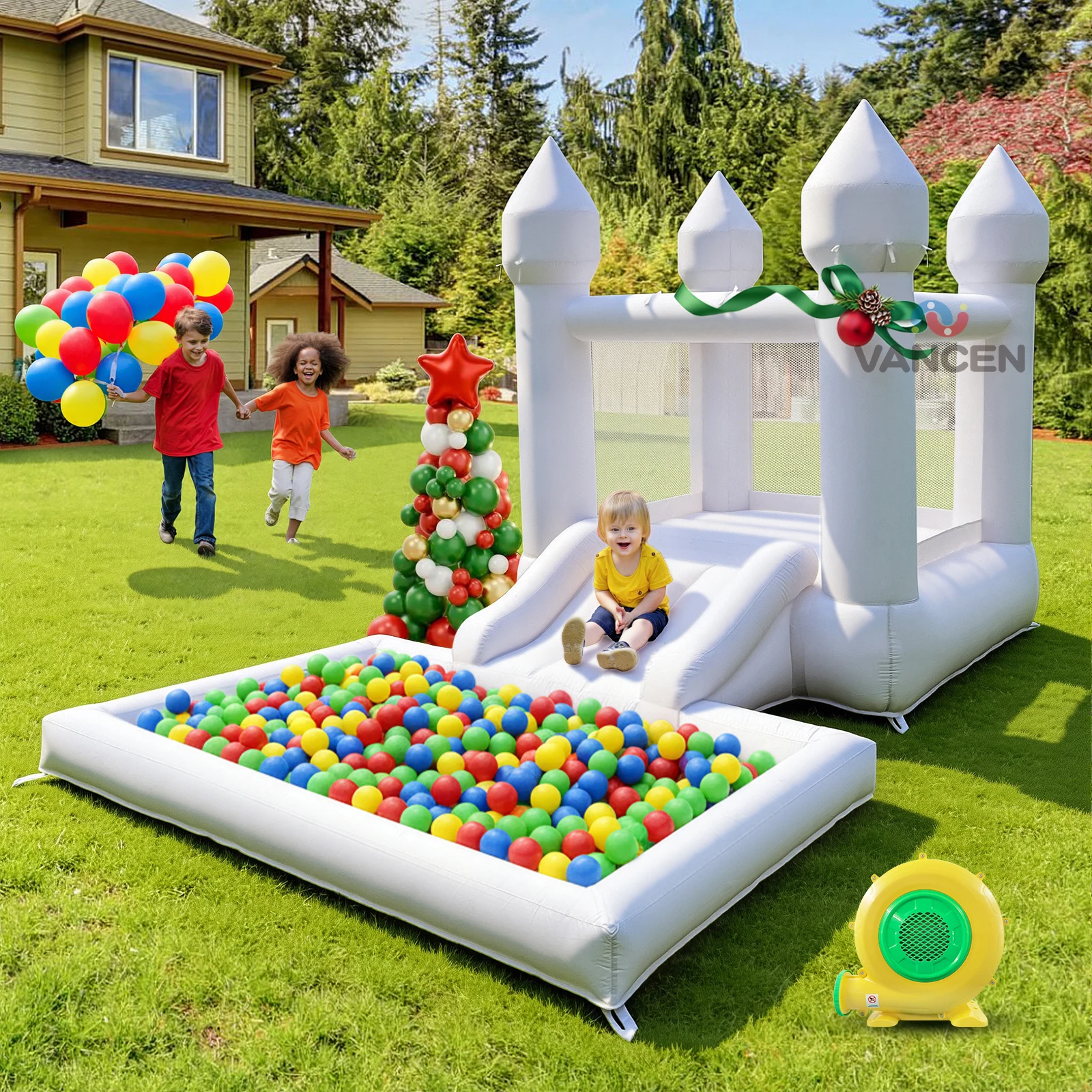 

Надувной батут белого цвета 9 футов с горкой, соединенной с бассейном с шариками, простая установка для вечеринок и мероприятий в помещении и на улице.