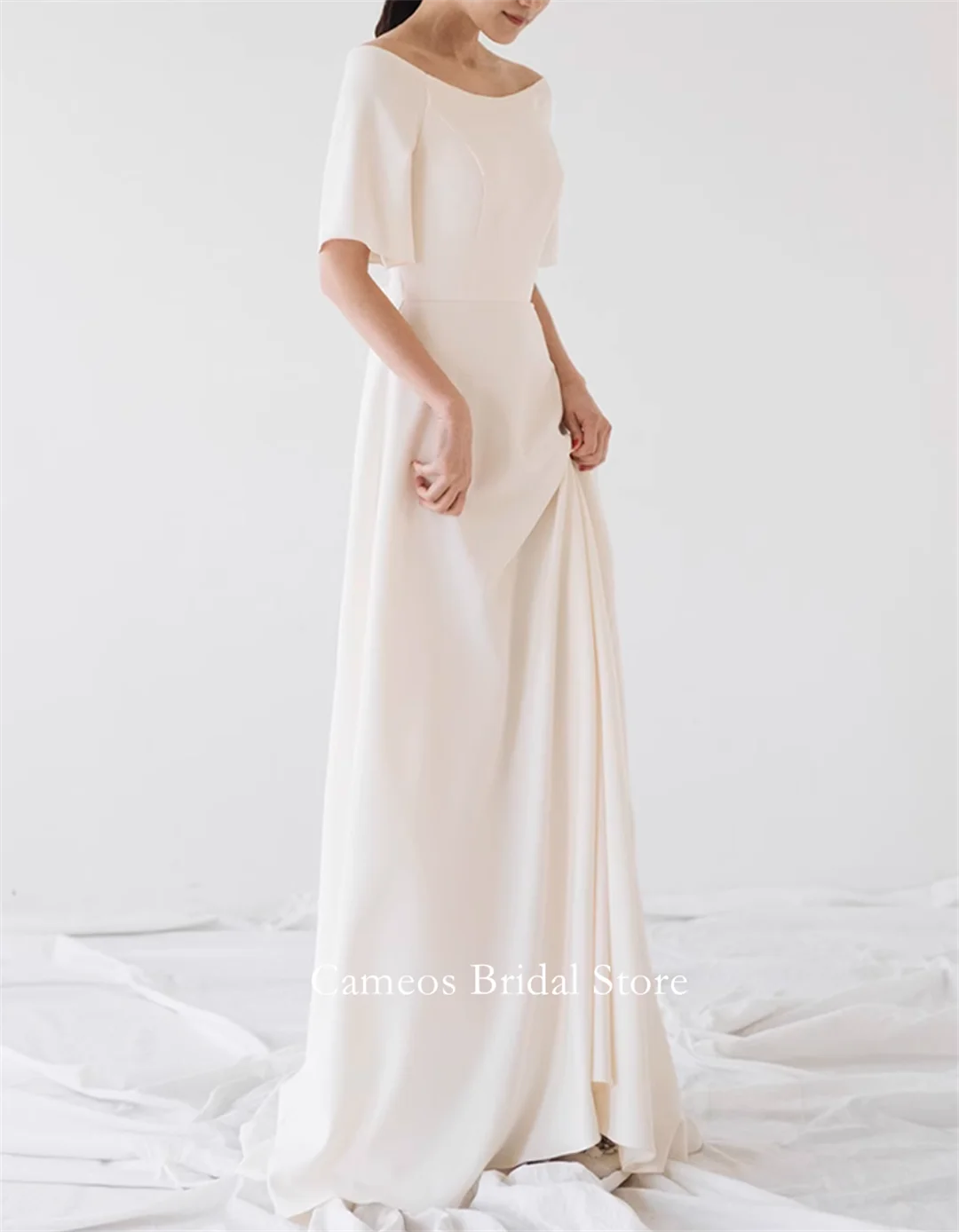 SONDR-vestidos de novia personalizados de manga corta, color marfil, cuello barco, corsé de satén coreano, corte en A, vestidos de novia para mujer