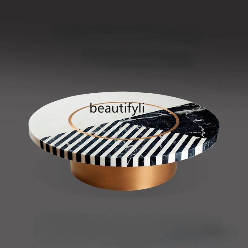 

yj Light Luxury and Simplicity Marble round Tea Table Zebra Pattern Bronze Creative Personality Tea Table