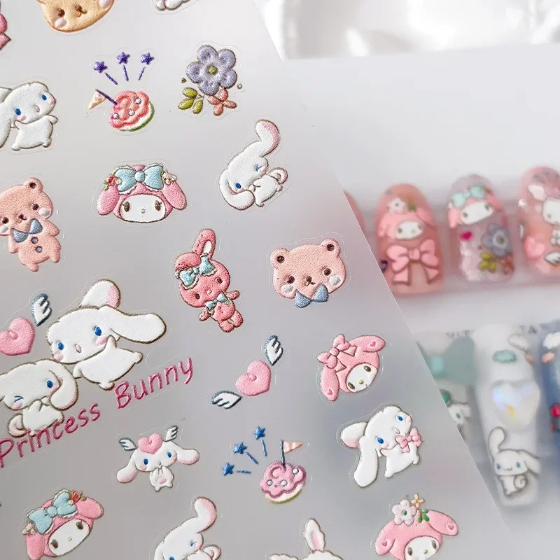 Sanrio Cartoon Nail Art Relief Sticker, Canela Dog, Adesivo 5D, 3 Decoração Dimensional, Kuromi, Bonito