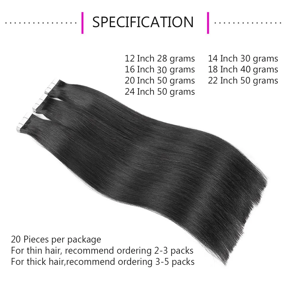 Tape In Human Hair Extensions Jet Black Real Remy Hair Extension European Straight Seamless Skin Weft Adhesive Glue On For Salon