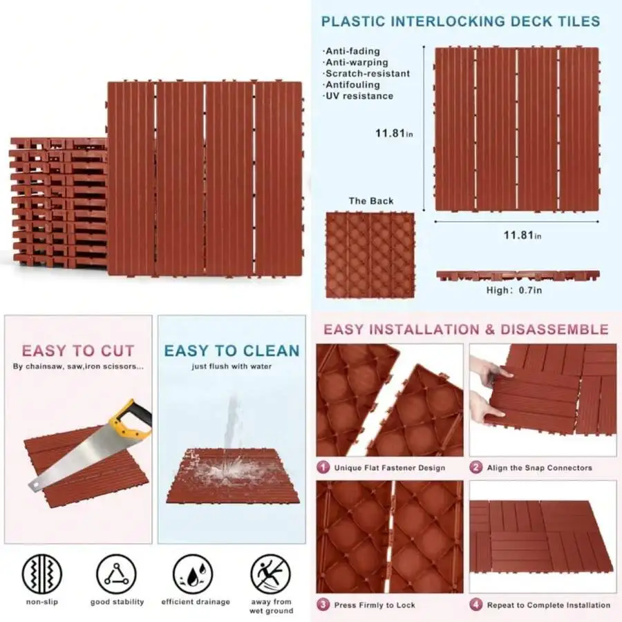 Plastic Interlocking Deck Tiles 12 Pack, 12'X12' Waterproof Patio Flooring, Weather Resistant Outdoor Deck Tiles For Balcony, Po