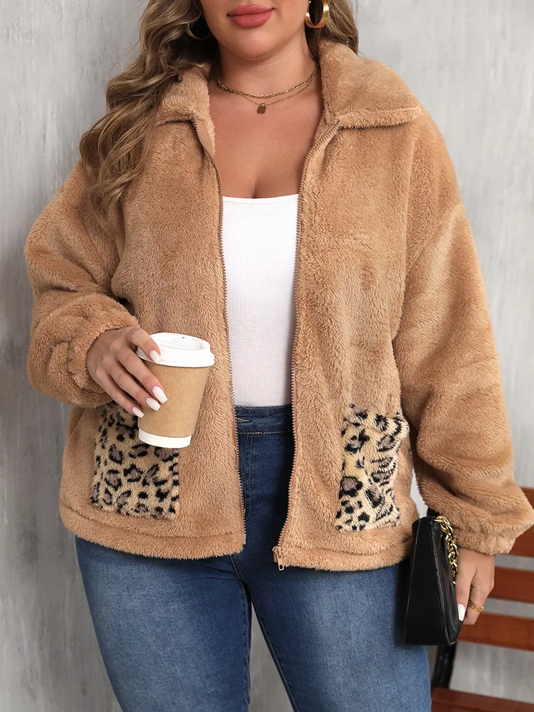 GIBSIE Plus Size Autumn and Winter Long Sleeved Teddy Coat Women 2025 Street New Fashion Warm Zipper Jacket with Leopard Pockets