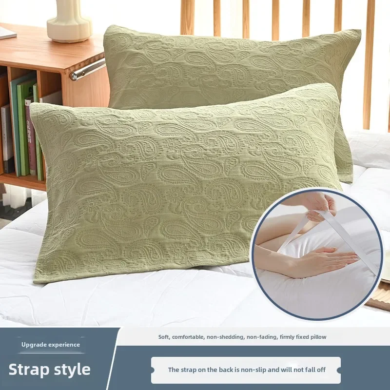 Four-layer cotton European embossed gauze pillow towel pair with fixed straps without falling off