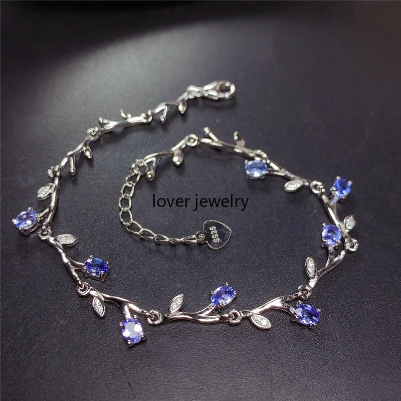 

Natural Tanzanite Chain-Link Bracelets Leaf Style S925 Sterling Silver Bracelet Natural Gem Birthstone