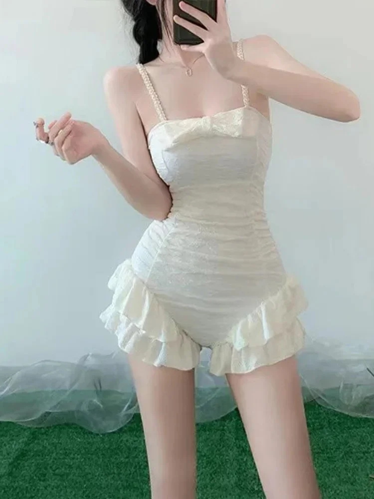 Sexy Ruffles Solid Spaghetti Strap Beach Dress Women High Waist Slim Beach Style Bikini 2025 New Summer Beach One Piece Swimsuit