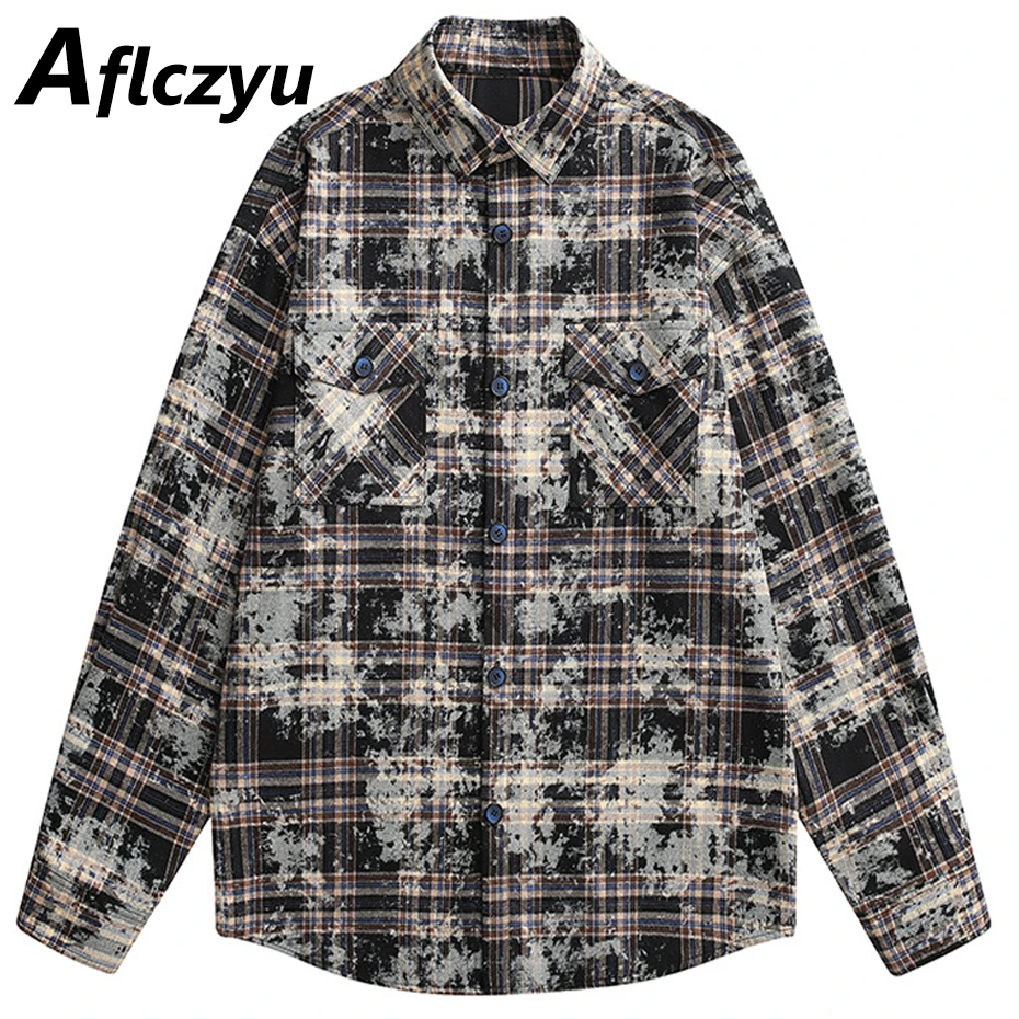 

Vintage Plaid Tie-dyed Shirt Men Spring Autumn Long Sleeve Plaid Shirts Male Fashion Causal Blouse Male