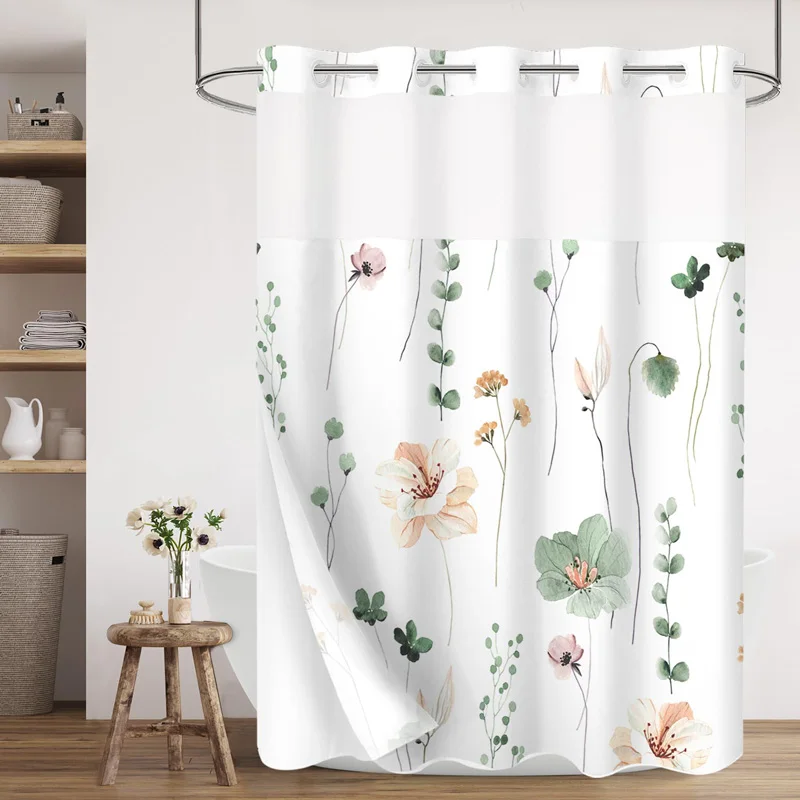 

No Hooks Snap in Liner Green Eucalyptus Leaves Shower Curtains Waterproof Fabric See Through Top Windows for Bathroom Decorative