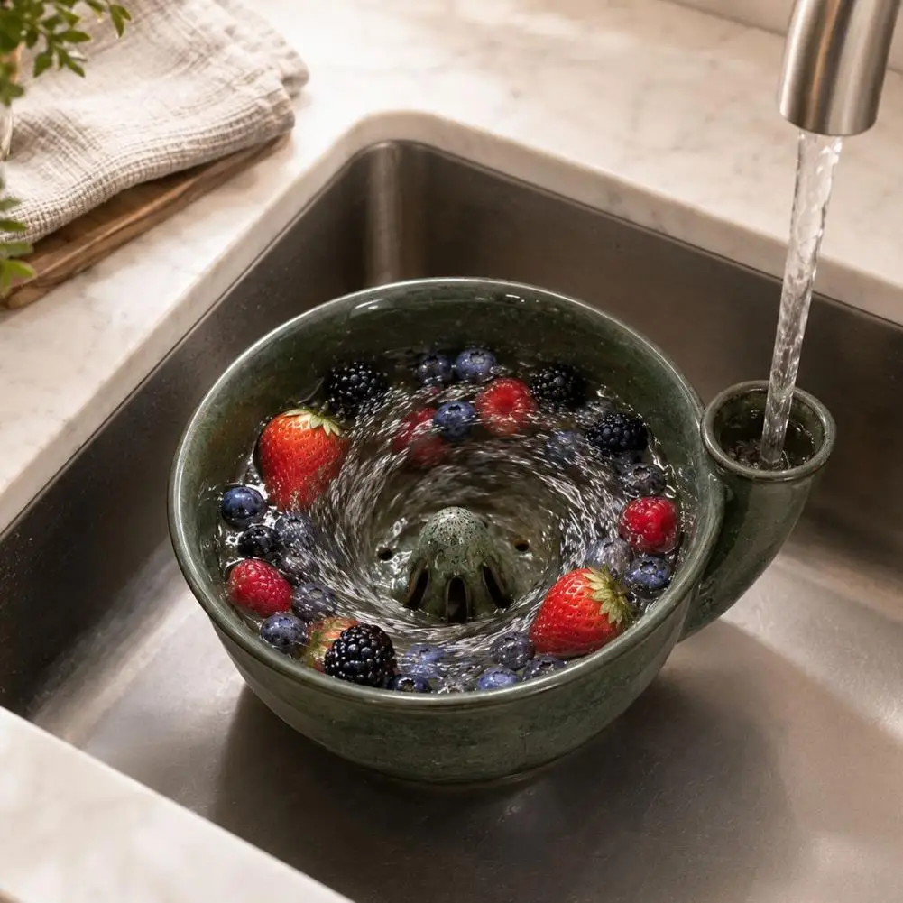 Berry Washing Bowl Fruit Strainer with Water Guide Self-spinning Berry Colander Bowl with Ceramic Vortex Strainer Fruit