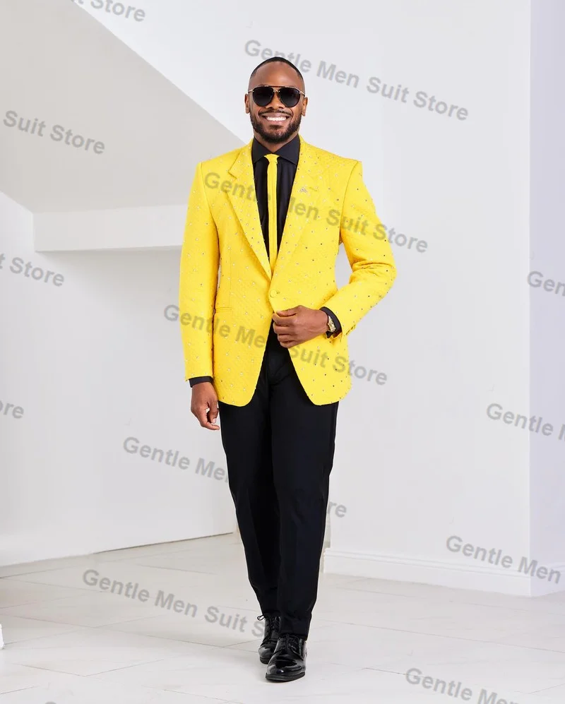 

Crystals Yellow Office Men Suits Set 2 Piece Blazer+Black Pants Trousers Groom Wedding Tuxedo Custom Made Prom Jacket Dress Coat