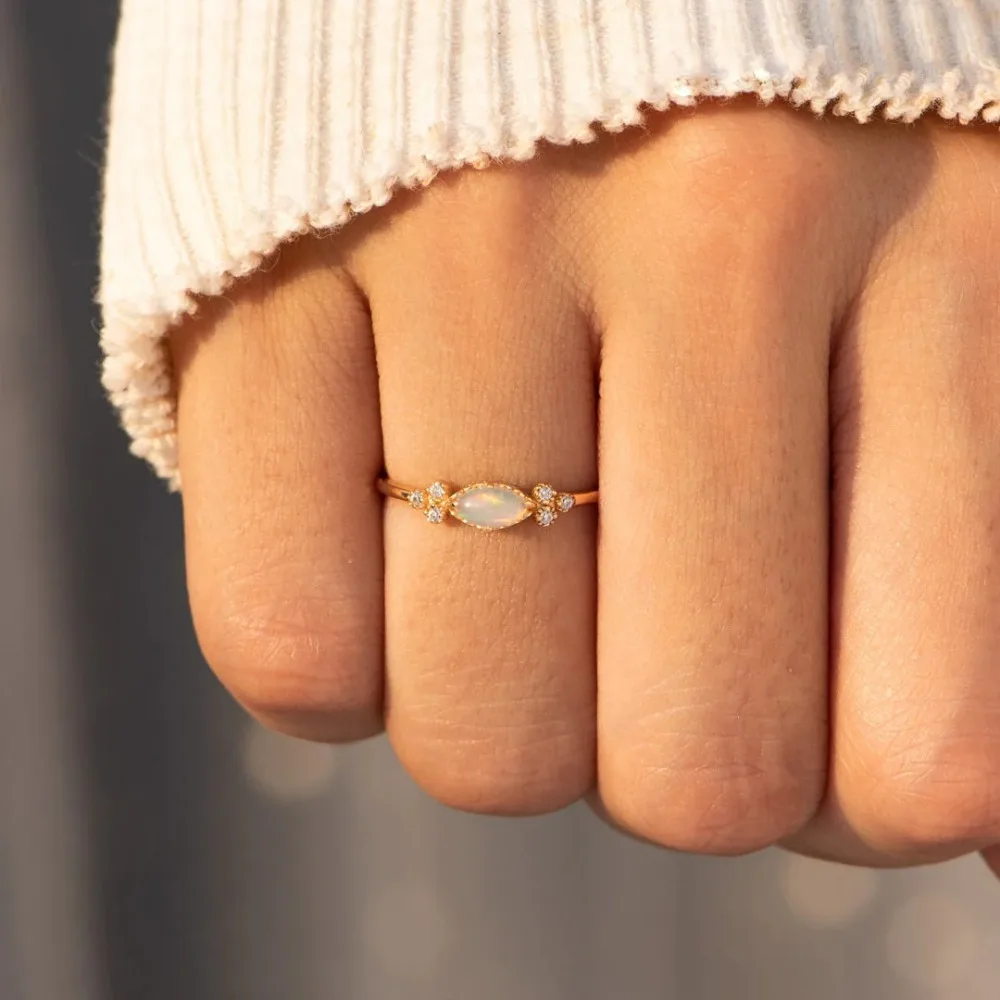 Trumium S925 Sterling Silver Marquise White Opal Zircon Rings for Women Engagement Wedding Stackable Ring Simple Fine Jewelry
