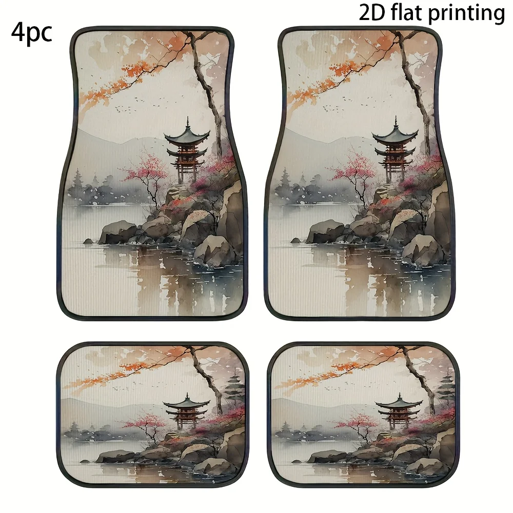 4pcs Car Floor Mats, Exquisite Cherry Blossom And Ancient Tower Ink Painting Design, Universal Fit For Front & Rear Seat Vehicle