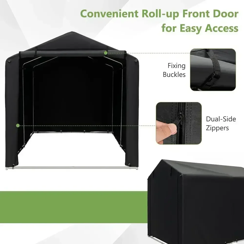 Rugged 7x5.2x5.4ft Motorcycle Shed with Roll-Up Door, Waterproof Cover, and Wind-Resistant Ropes for Outdoor Storage