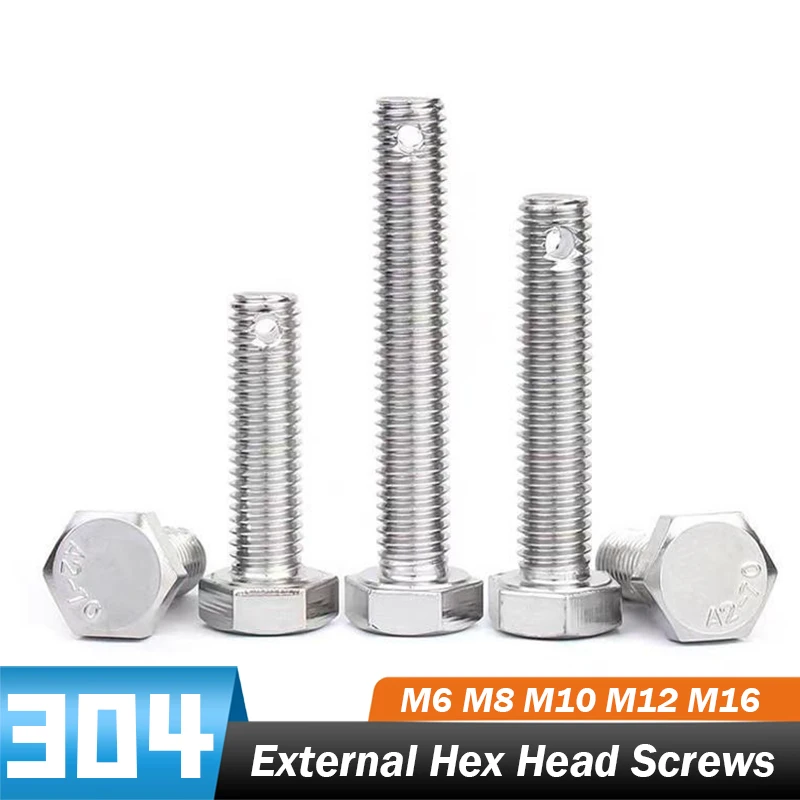 

1~5pcs 304 A2-70 Stianless Steel M6 M8 M10 M12 M16 External Hex Hexagon Screws Tail Hole Drilled Bolts Length: 20mm~100mm