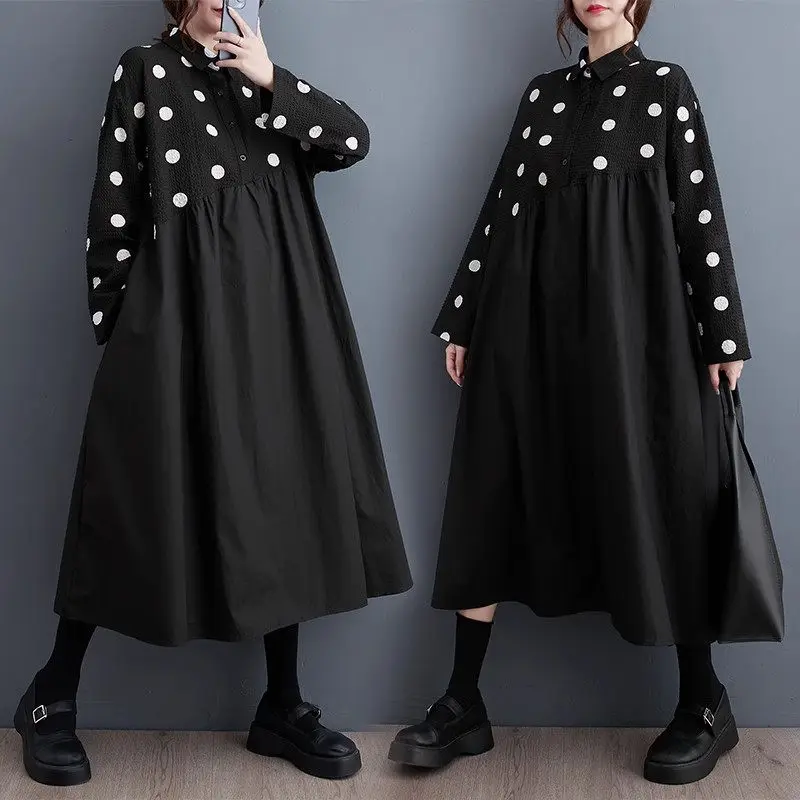 

2023 Autumn Korean Style Dress Loose Large Size Print Mid Length Art Retro Long Sleeve Patchwork Shirt Dress Women Robe Z2621