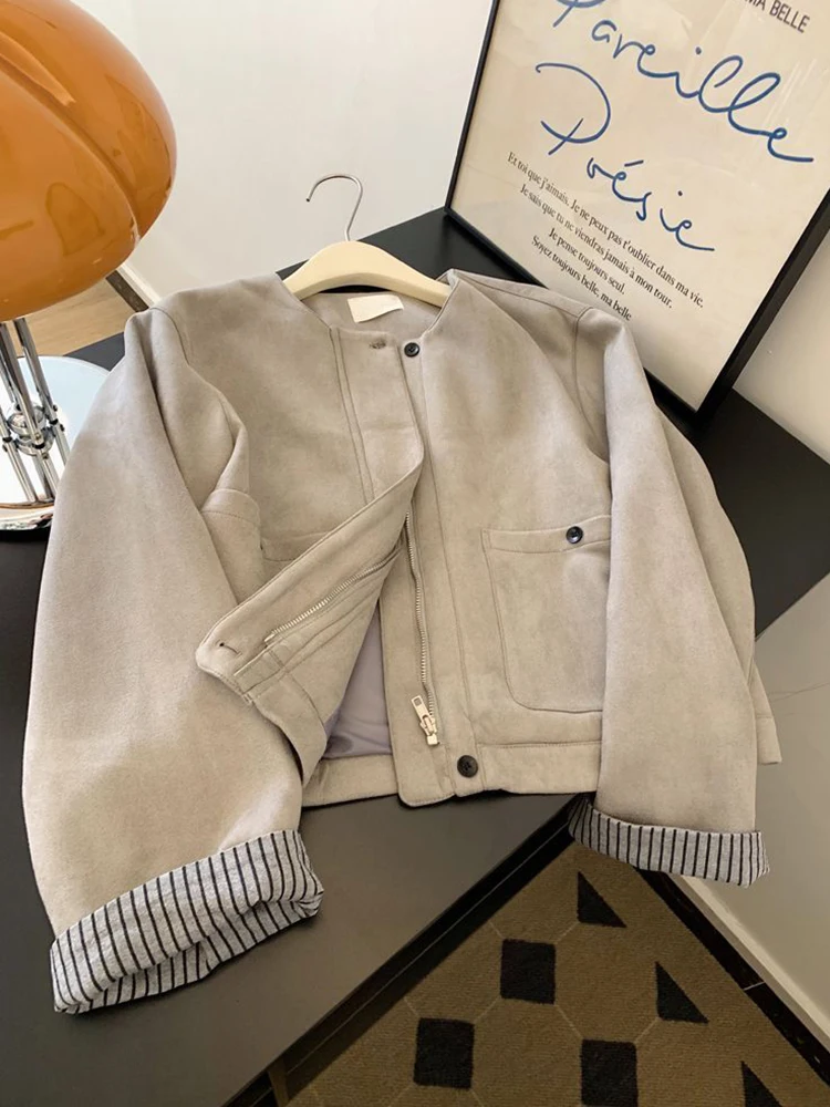 

Zoki Women Faux Suede Y2K Jacket American Retro O Neck Long Sleeve Casual Coat Retro Casual Harajuku Streetwear Fall Winter Tops