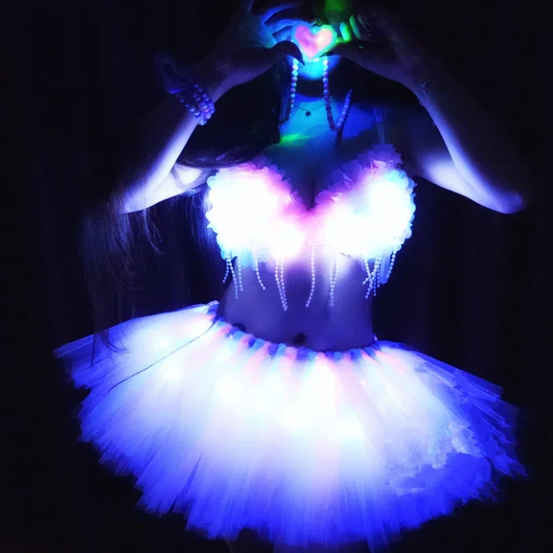 LED Party Dance Costume Festival Rave Outfit Female Lighting Up Clothing Bra Top Tutu Skirt Set Nightclub DJ Gogo Dancer Suit