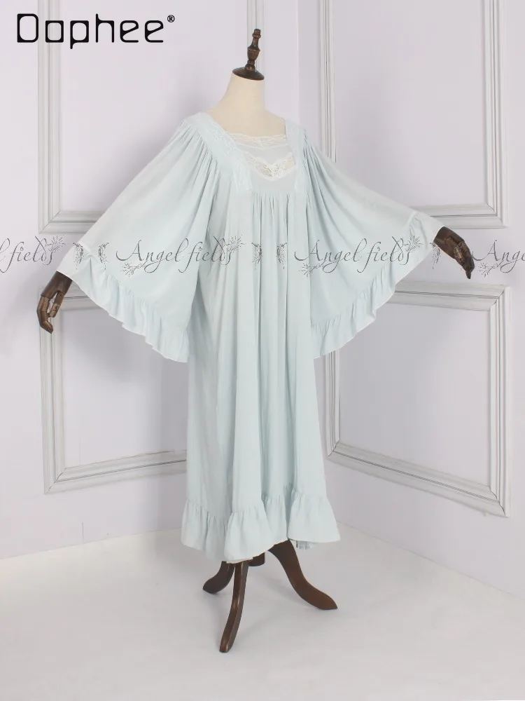Gentle Young Lady Retro Square-neck Lace-embroidered Loose Trumpet Sleeve Frilled Hemline Long-sleeved Casual Women's Homewear