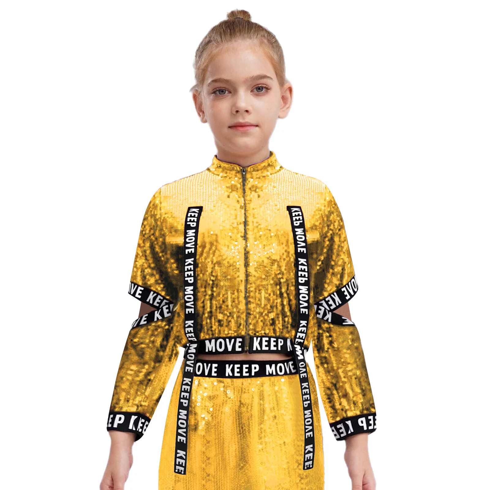 Crianças meninas hip-hop jazz dança topos palco desempenho traje recorte mangas carta impressa elásticos jaqueta de lantejoulas outerwear