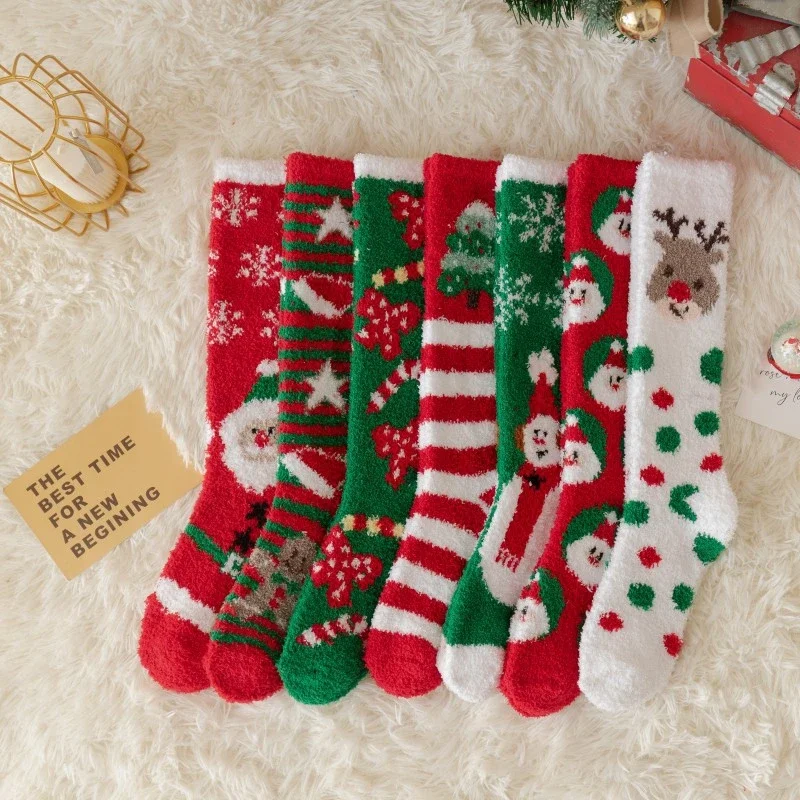 Christmas Stocking Women\'s Long Coral Velvet Warm Thick Floor Sleeping Socks Snowflake Deer Tree Gift Socks Tall Socks Green