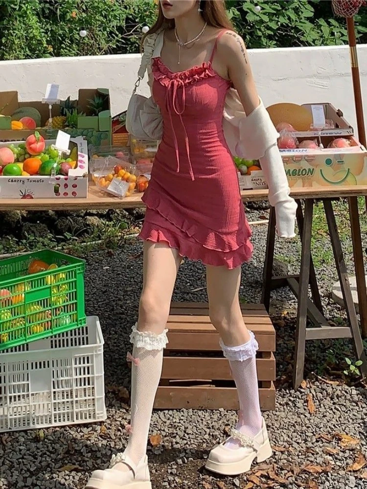 Two Piece Set Magenta Pink Sling Dress New Summer Women Ruffle Waist Cinching Slimming Bodycon Mini Skirt