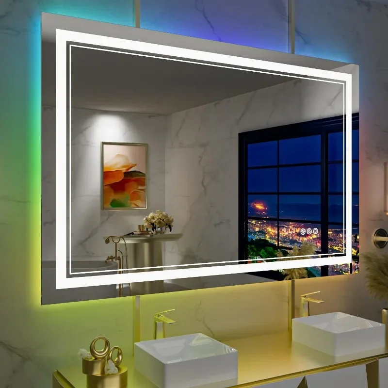 Espejo de baño LED RGB de 40x36 pulgadas con luces, espejo LED retroiluminado RGB que cambia de Color para baño, espejos de tocador iluminados