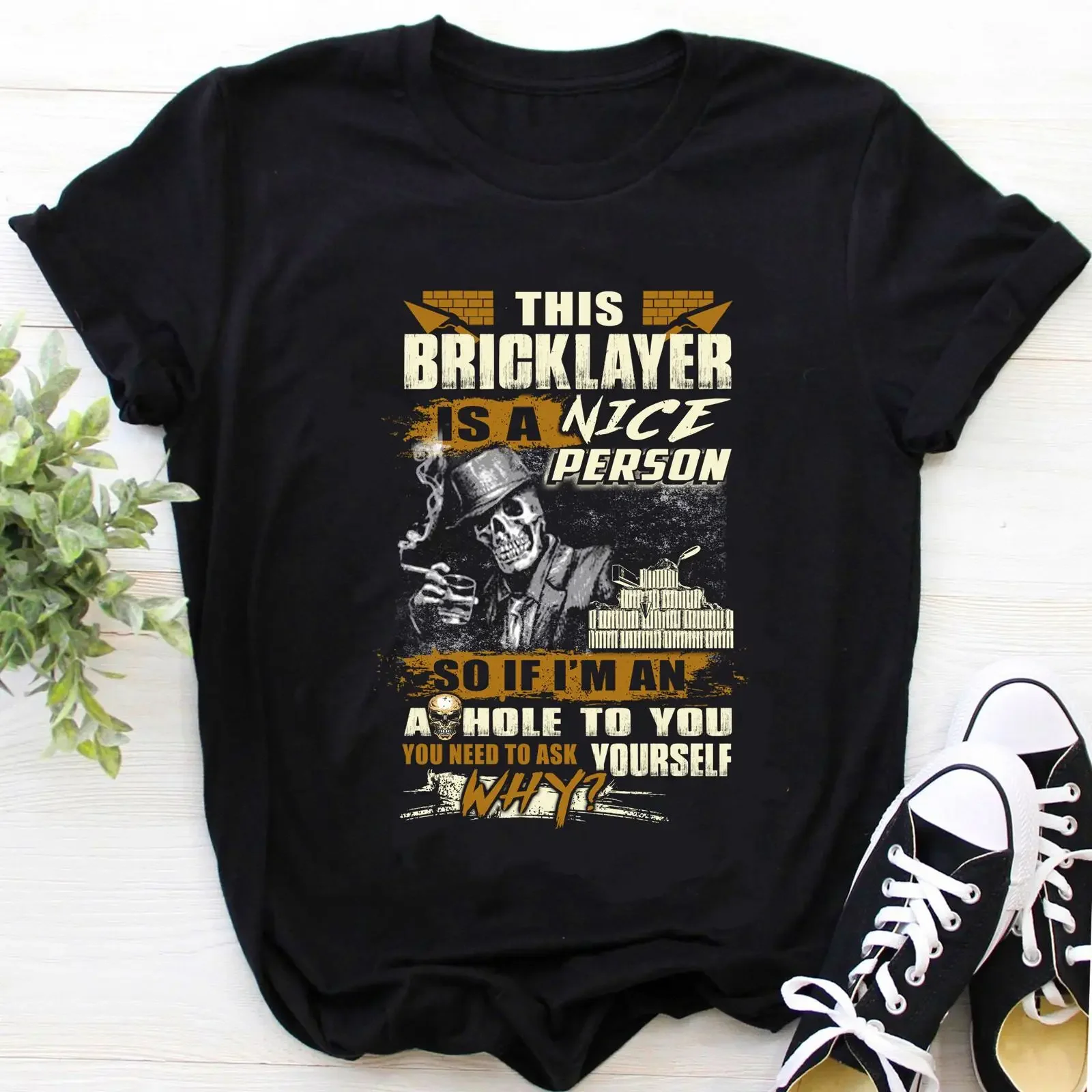 Funny Bricklayer Quote Skull Black T Shirt Construction Worker Humor Casual  vintage Washed Soft Top For Everyday Wear fashion