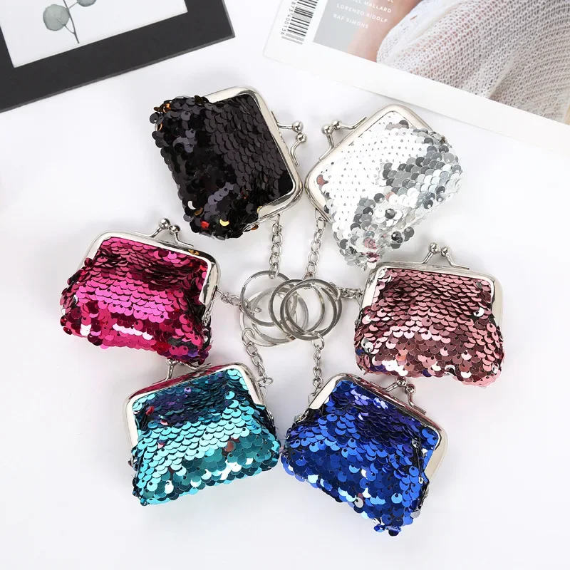 Women Bling Mini Coin Purse Metal Fashion Ladies Kids Sequin Key Chain Coin Money Small Wallet Pocket Bag Birthday Gift