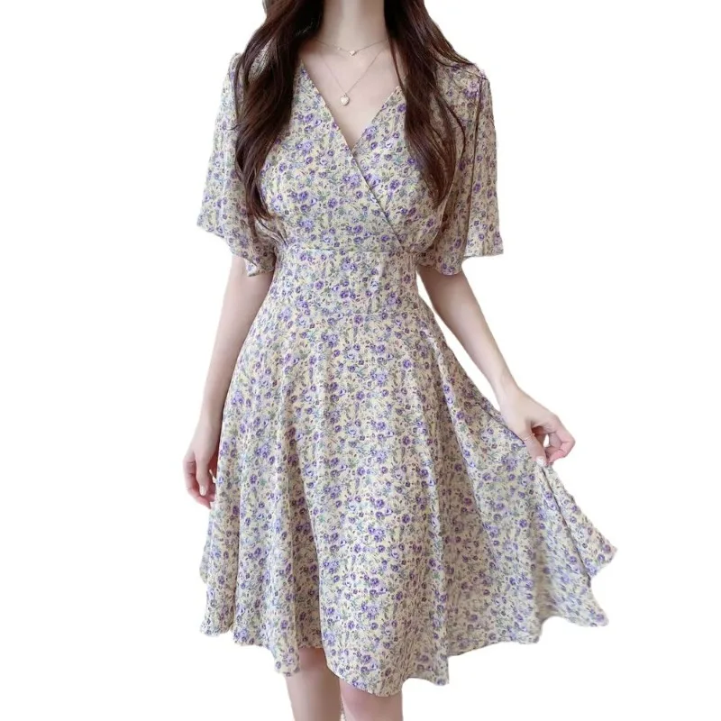 Französisches Blumen-Midikleid für Damen, V-Ausschnitt, Flatterärmel, Taillenbindung, A-Linie, Coquette Y2K, Sommer-Freizeitkleid – Detail 10