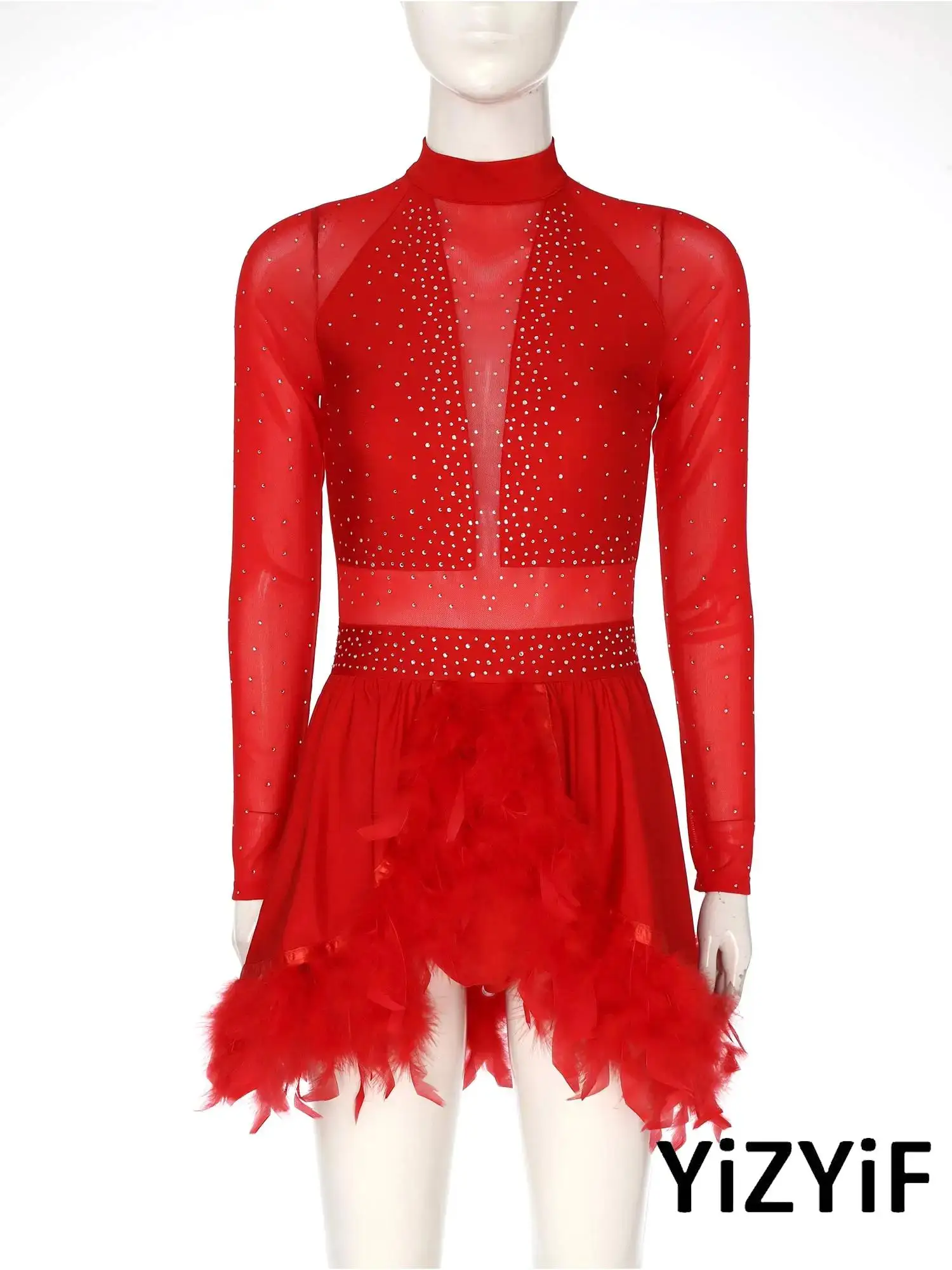 

Womens Jazz Latin Dance Practice Wear Feathered Leotard Mock Neck Sheer Mesh Sleeve Rhinestone with Built In Briefs Rumba Dress