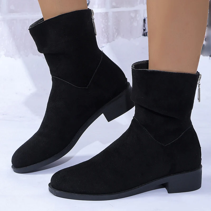 Autumn Womens Solid Pleated Ankle Boots Fashion Faux Suede Square Heel Boots Ladies Round Toe Back Zipper Office Shoes Boats