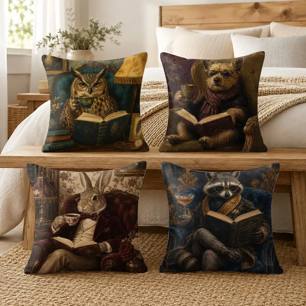 Victorian Animal Gentleman Cushion Cover Soft Short Plush Pillow Cover Smooth Cozy Texture Aesthetic Cushion Case Home Decor