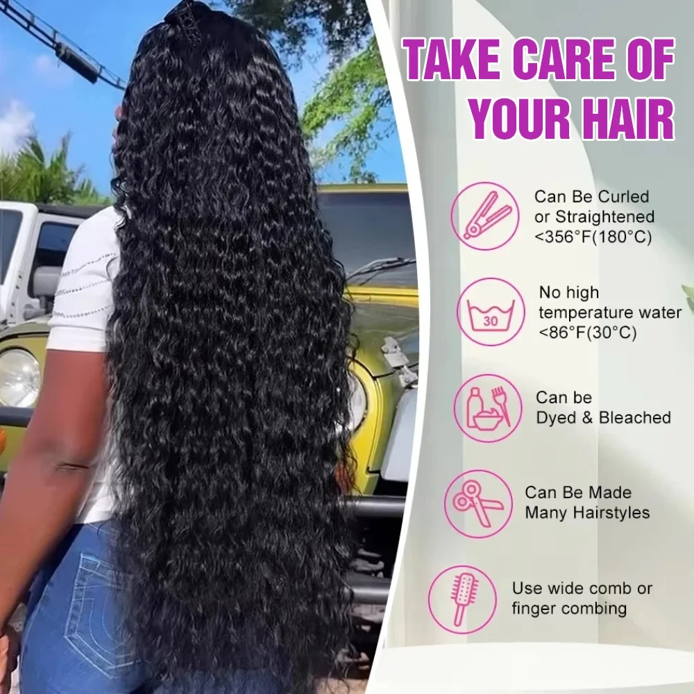 34 Inch Human Hair Water Wave Wig Natural Color 13x6 Frontal Curly Lace