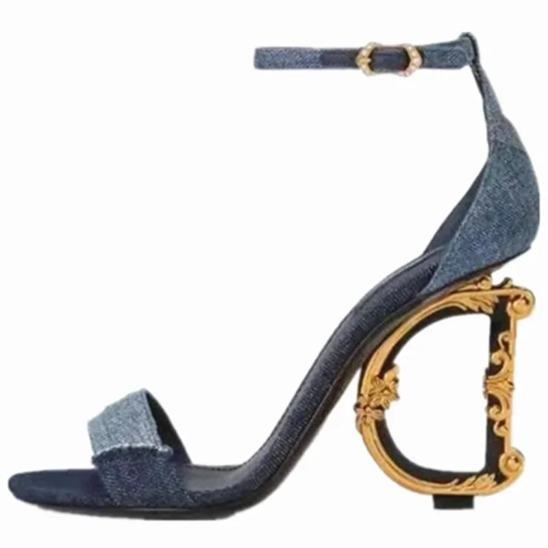 Metal Heels Luxury Women Sandals Shiny Sequins High Heel Elegant Female Shoe Genuine Leather Dance Party ankle strap Ladies Shoe