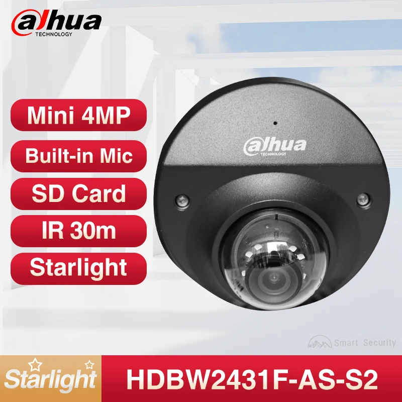 Dahua Mini 4MP Starlight Network Camera IP67 IK10 Waterproof & Vandal-proof CCTV Supports SD Card Mic Alarm IPC-HDBW2431F-AS-S2