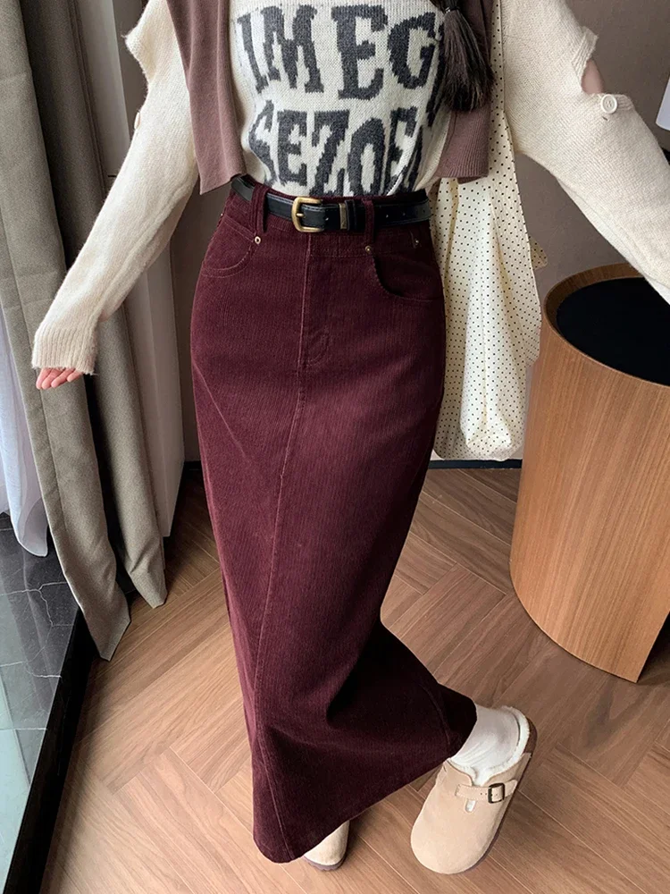 High Waist Winter Long Skirts For Women Elegant Office Wear Solid Corduroy Pencil Skirt With Belt Wrap Falads Largas