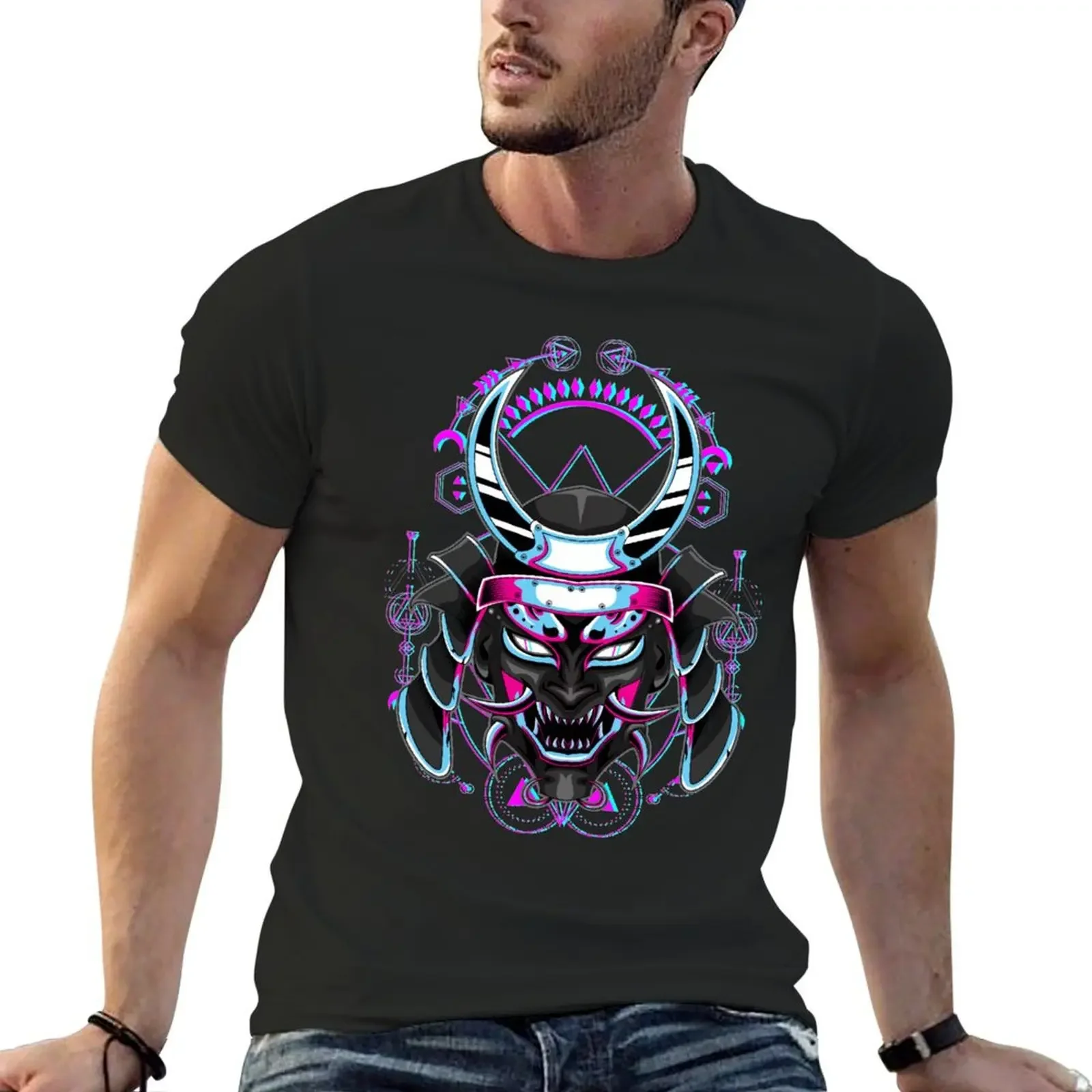 Yokai Oni Masked Samurai Skull Mask Purple Blue Geometry Glitch Effect Hannya T-Shirt oversizeds men t shirt