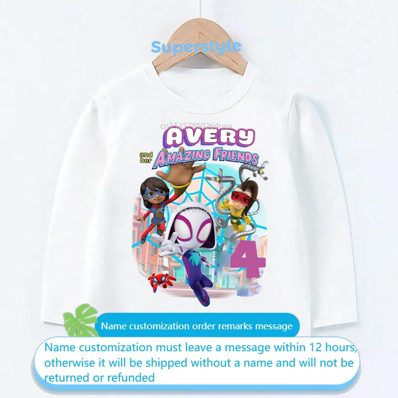 

Autumn Girl Spider Man and Her Friends Birthday Long Sleeve T-shirt 3 4 5 6 7 8 Spiderman Customized Name Birthday Party Clothes