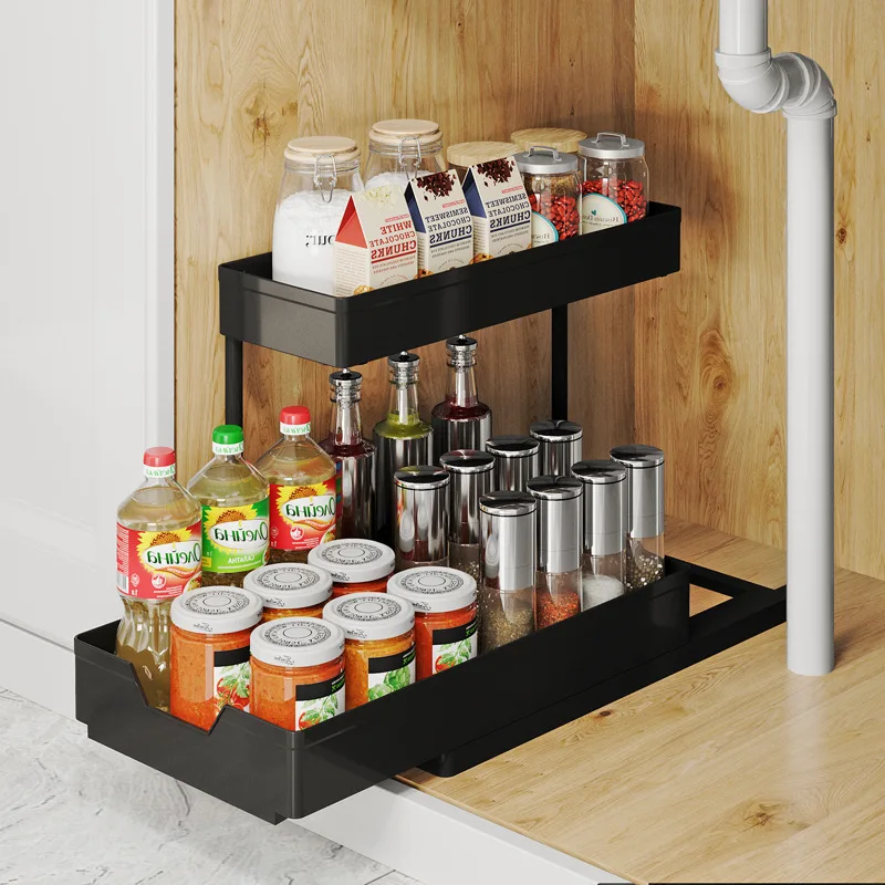 Under Sink Storage Organizer Sliding L-shape Under Bathroom Kitchen Cabinet Organizers 2 Tier Drawer Narrow Space Sink Organizer