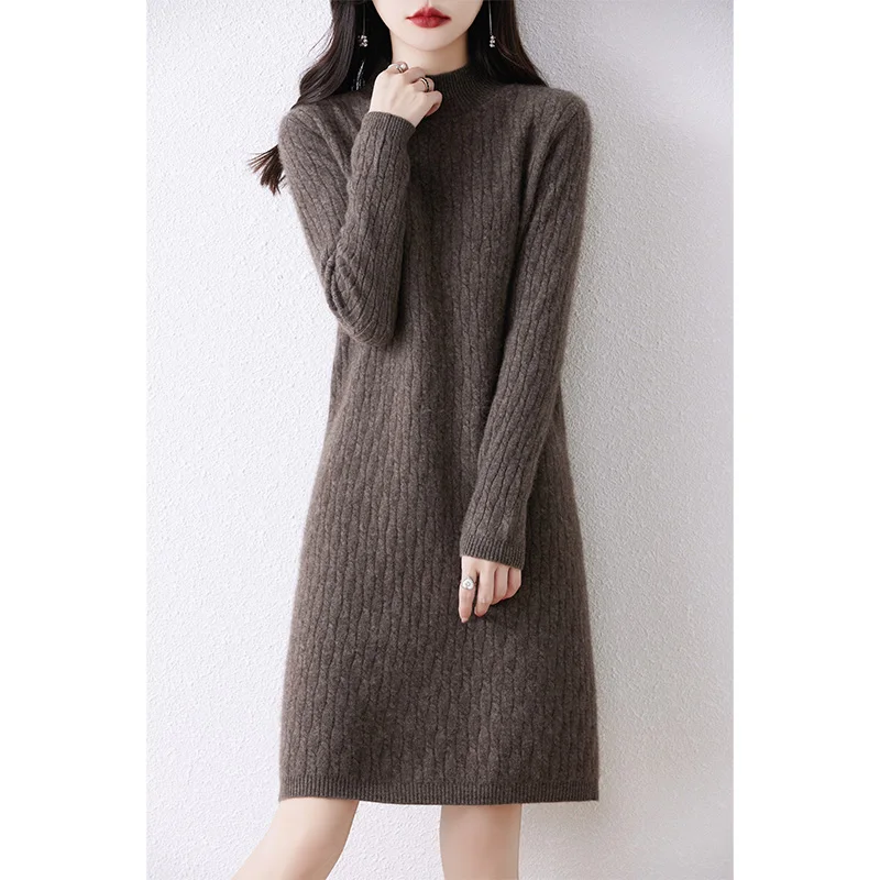 Hot Sale 100% Wool Dress For Women 2023 Autunm/Winter Cashmere Sweaters Hot Sale Long Style 5Colors Jumpers DR01