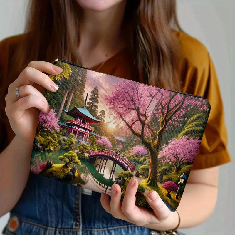 1 Piece Japanese-Style Cherry Blossom Garden Design Pattern Makeup Bag - Multifunctional Zipper Pouch for Women, Perfect Travel Zipper Storage Bag, Fun Birthday Gift